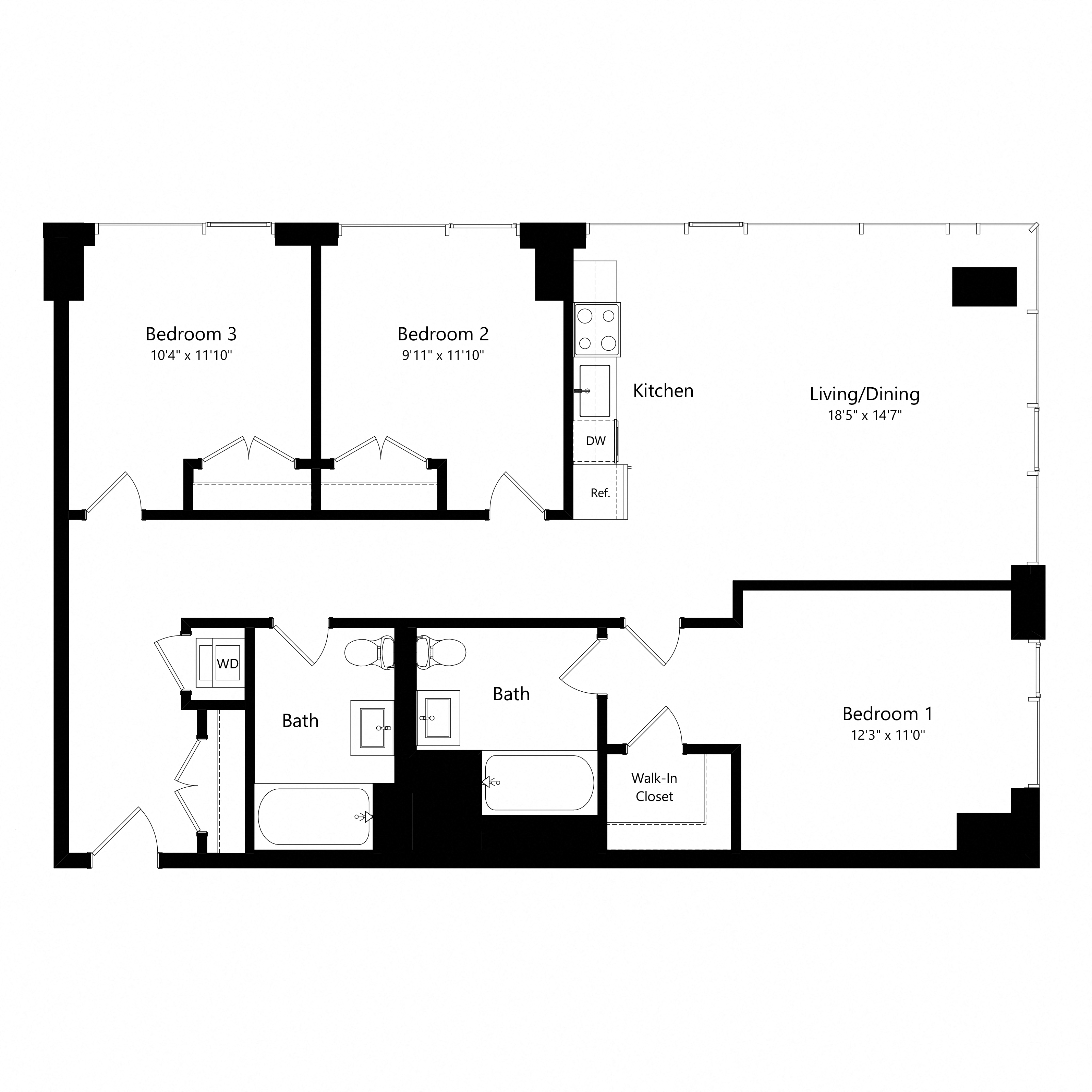 Floor plan for 3 beds, 2 baths, 1129 sqft